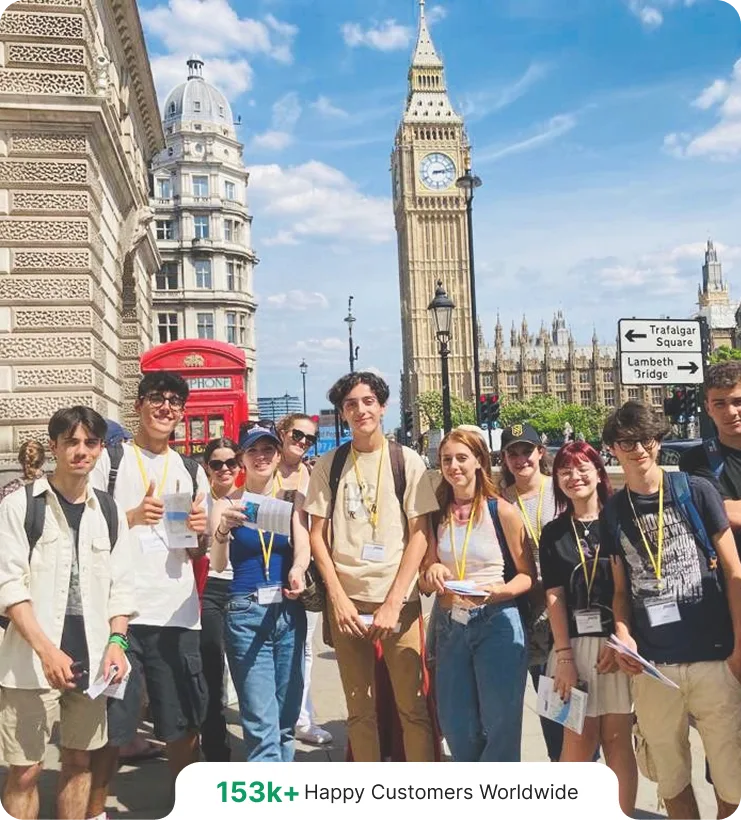 Students visiting London with Big Ben in the background